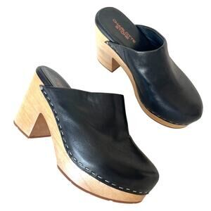 Charlotte Stone Marlo Black Leather Wooden Block Heel Clogs Platform Size 9